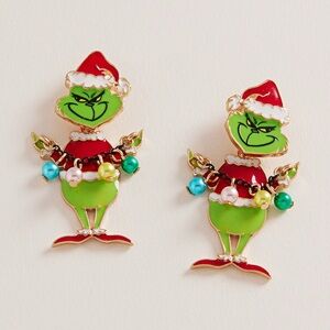 Festive Grinch Earrings with Santa Hat